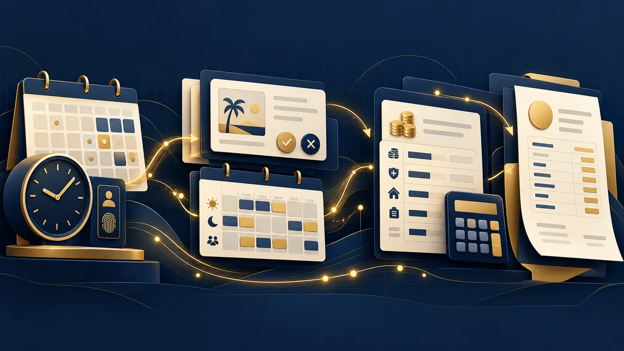 Attendance-to-payroll integration connecting employee attendance, leave management, and salary calculations.