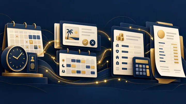Attendance-to-payroll integration connecting employee attendance, leave management, and salary calculations.