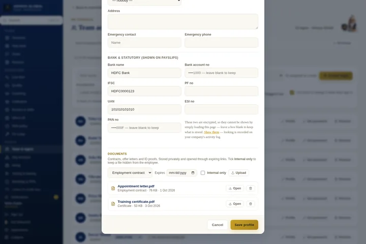 Employee document vault — actual Karya screen with sample data