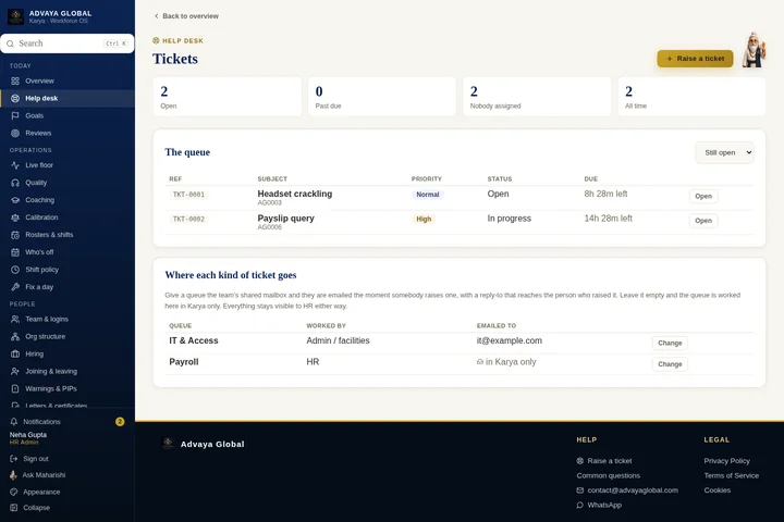 HR help desk — actual Karya screen with sample data
