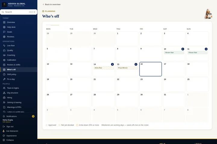 Team leave calendar — actual Karya screen with sample data