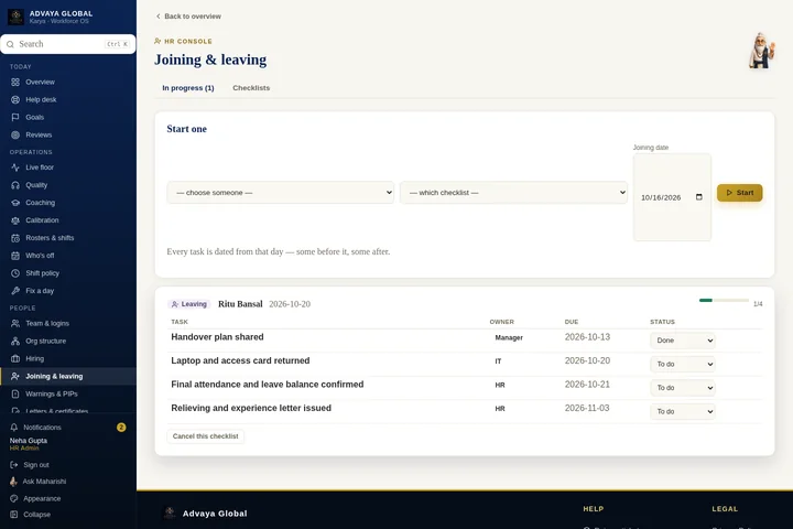 Joining and exit checklists — actual Karya screen with sample data