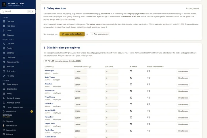 Salary structures and payroll — actual Karya screen with sample data