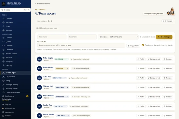 Team records — actual Karya screen with sample data