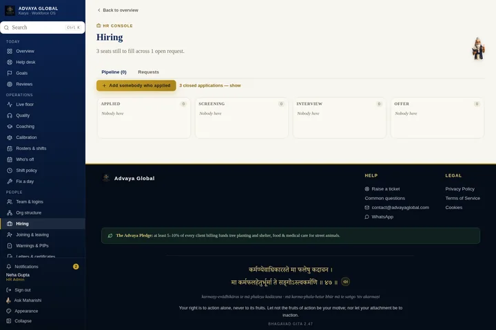 Internal hiring pipeline — actual Karya screen with sample data